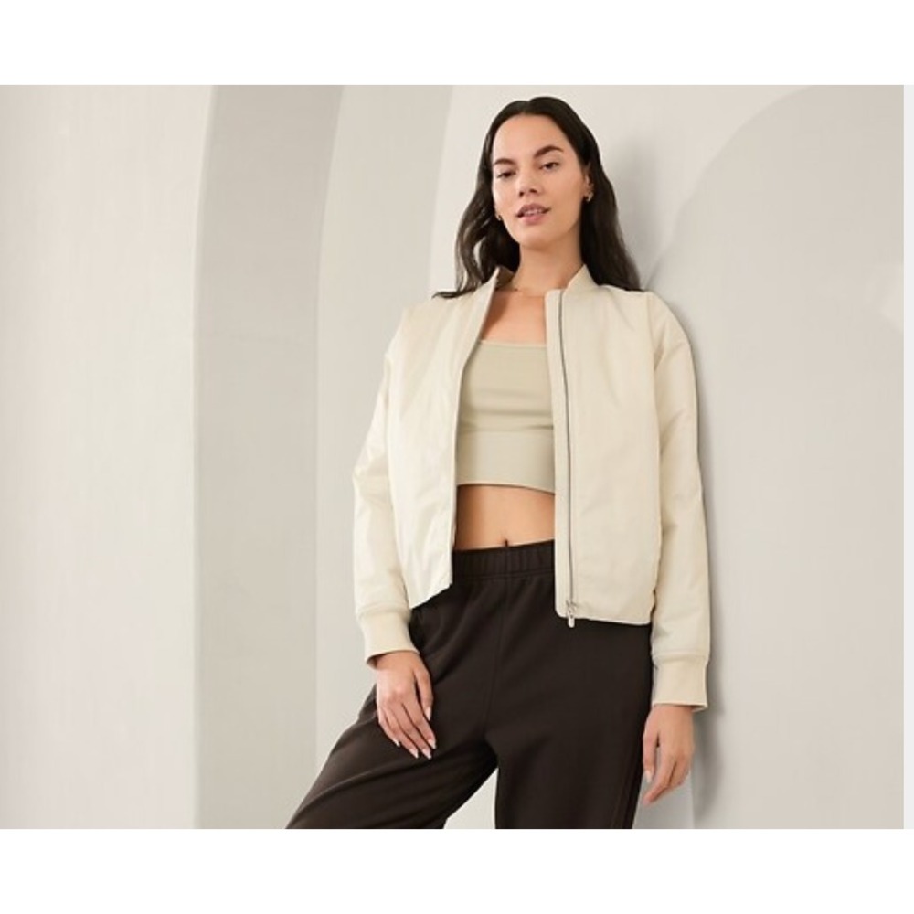 Athleta Bomber Jacket Women Medium Bone DWR Full Zip Performance Active NWT $199